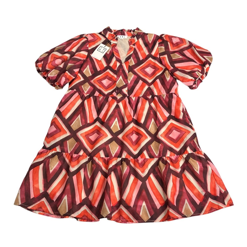 THML Tanya Mini Dress Womens Medium Rust Geometric Puff Sleeve Tiered Boho Retro